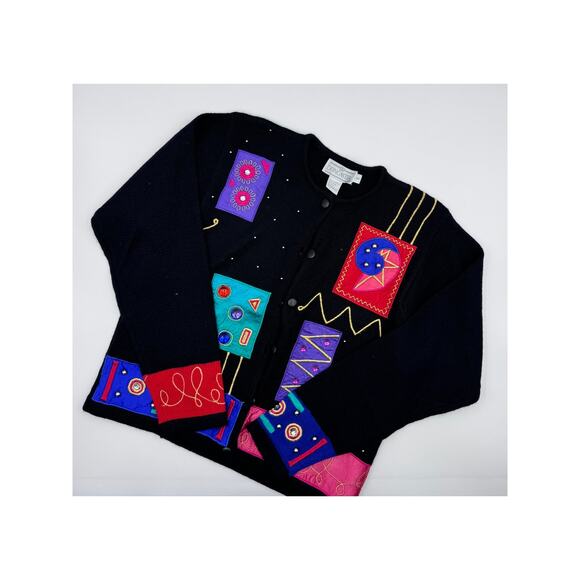 Vintage Doncaster 1990s Jeweled Black Button Down Cardigan Small - Picture 1 of 4